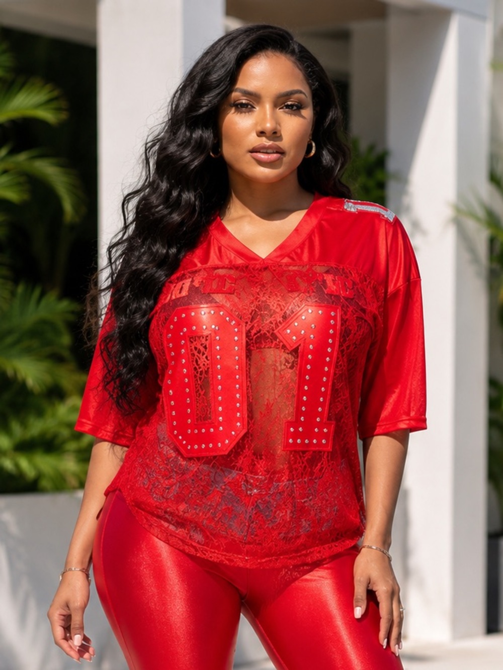 Red Rhinestone Jersey Top